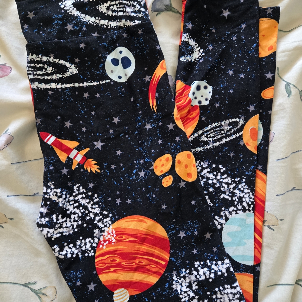 LuLaRoe Space-Themed Leggings - Black, Orange, Red, Blue